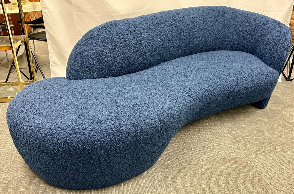 Mid-Century Modern Style Organic Form Kidney Shaped Cloud Sofa, Blue Boucle