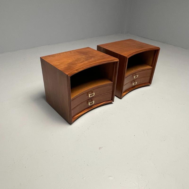 Paul Frankl, Mid-Century Modern, Concave Nightstands, Walnut, Brass, USA 1950s