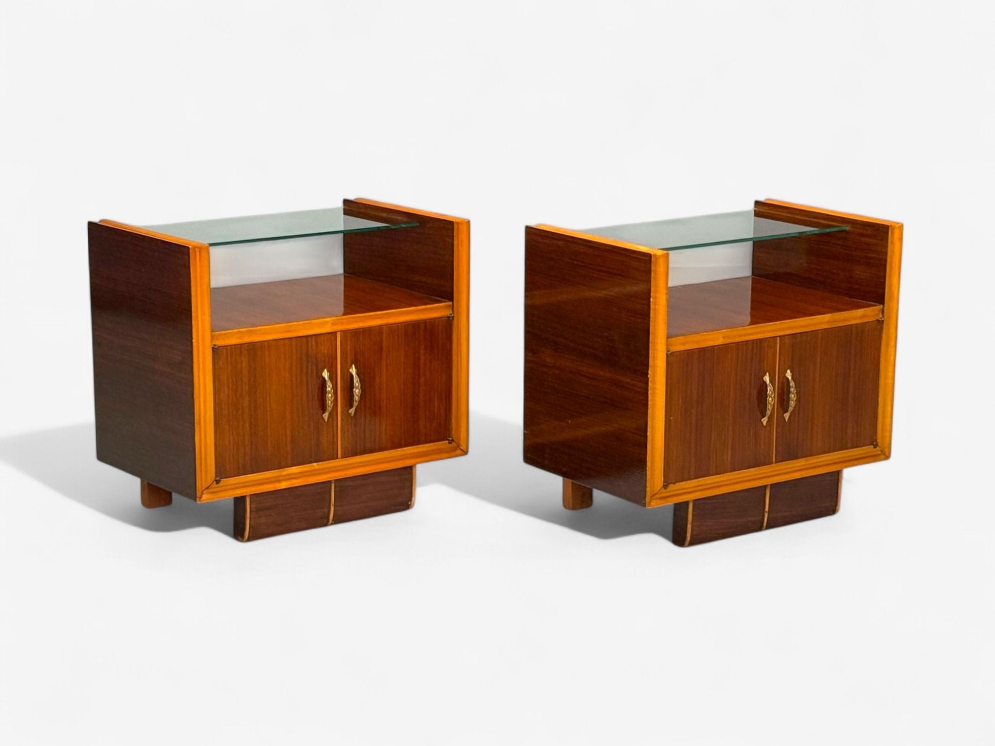 Italian Modern, Wood, Brass, Glass, Nightstands, Italy, 1950s