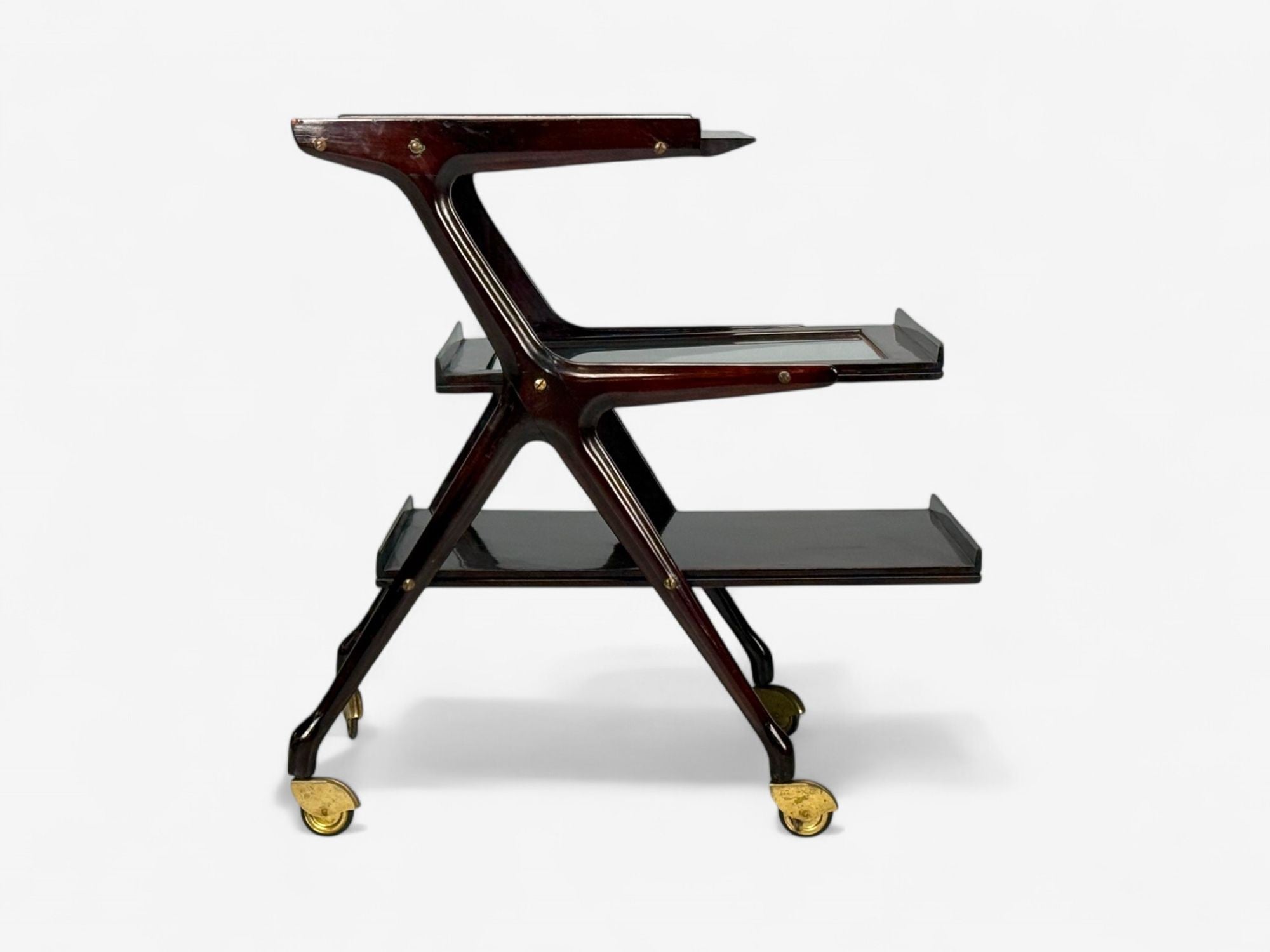 Ico Parisi Style, Italian Modern, Wood, Brass, Glass, Bar Cart, Italy, 1950s
