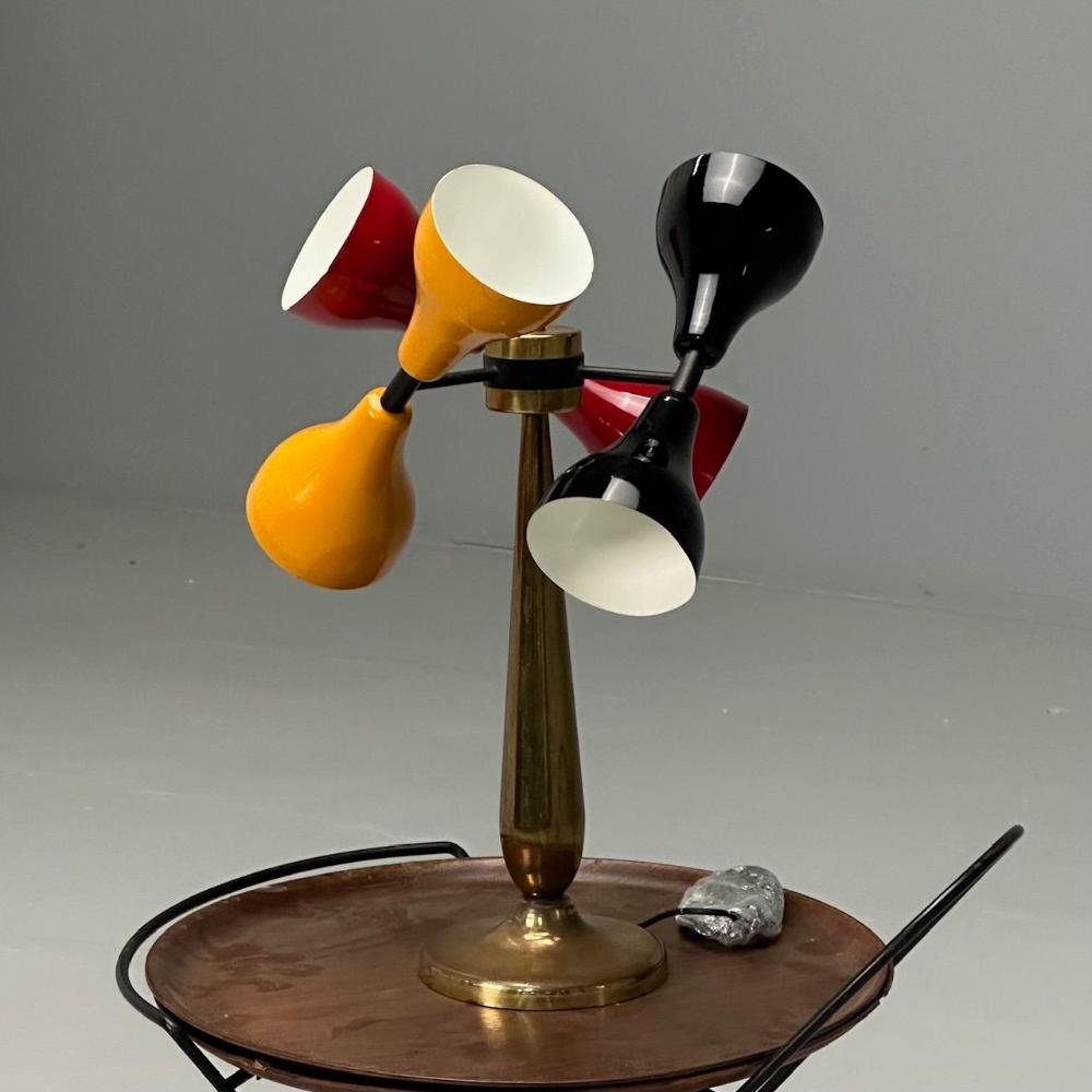 Italian Mid-Century Modern, Table Lamp, Enameled Shades, Patinated Brass, 1960s