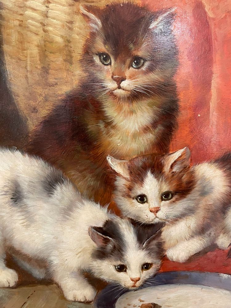 19th/20th Century Oil Painting of Kittens in a Basket at Feeding Time
