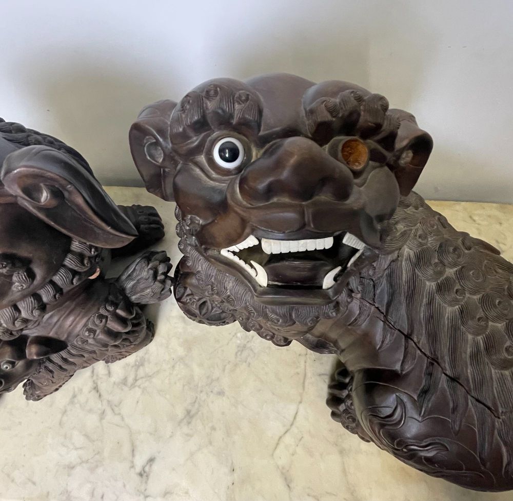 Pair of 18th/19th Century Solid Teak Foo Dogs, Opposing, Statuary