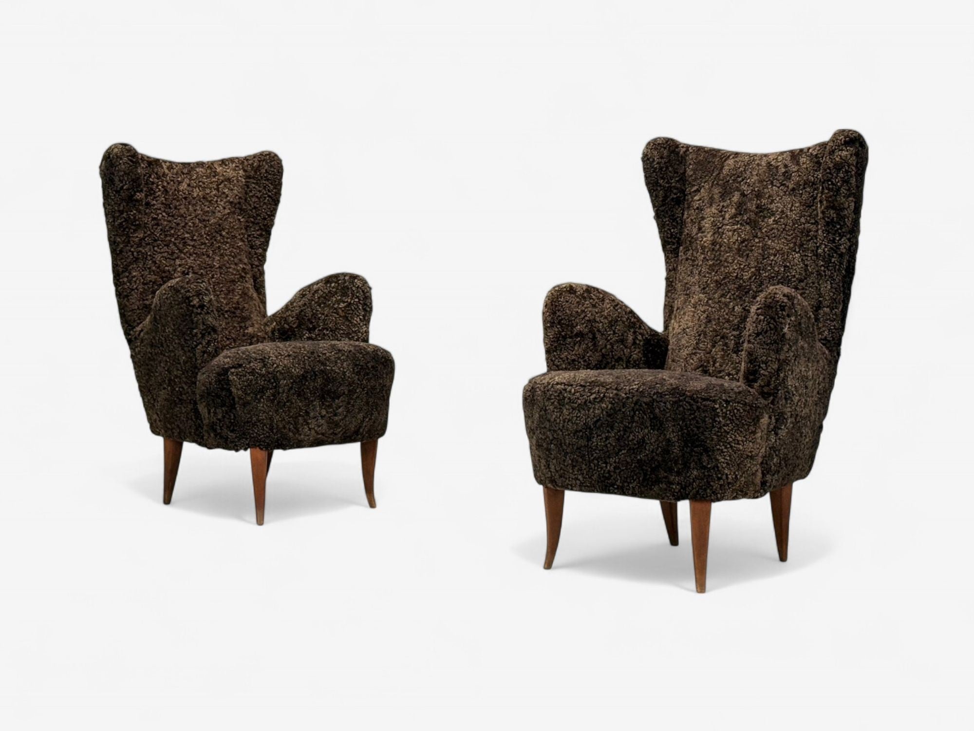 Italian Modern, Espresso Shearling, Walnut, Organic Lounge Chairs, Italy, 1950s