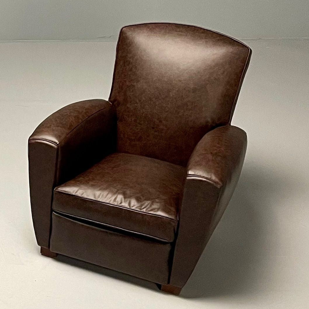 Jacques Adnet Style, French Art Deco Club Chairs, Distressed Leather, Oak, 1930s