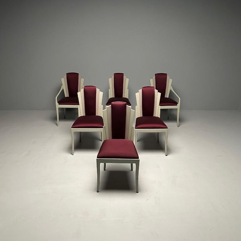 Vladimir Kagan Mid-Century Modern, Six Eva Dining Chairs, Lacquer, Maroon Fabric