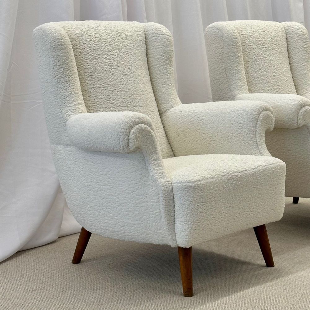 Pair American Mid-Century Scroll Lounge / Wingback Chairs, Boucle, Draper Style
