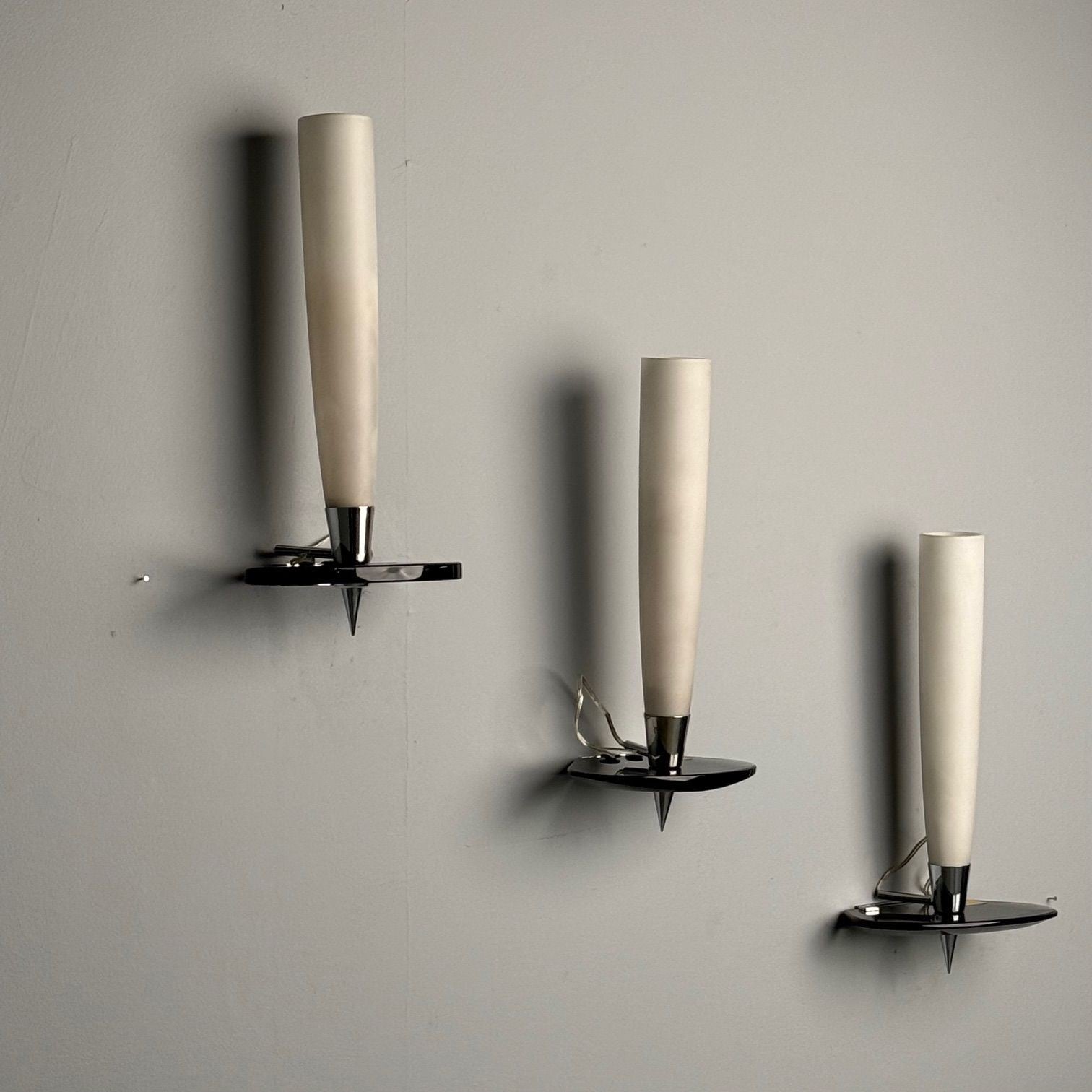Fontana Arte Attr., Italian Mid-Century Modern, Wall Sconces, Chrome, Glass