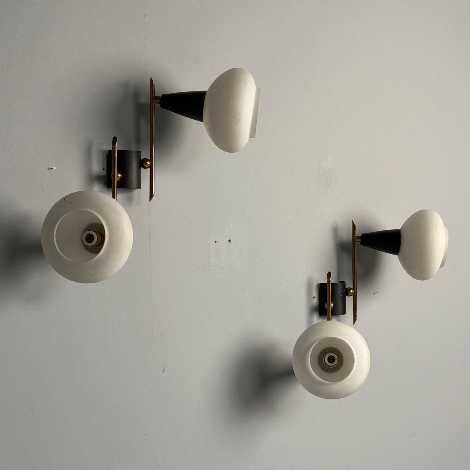 Italian Mid-Century Modern, Adjustable Wall Sconces, Brass, Opaline Glass, 1960s