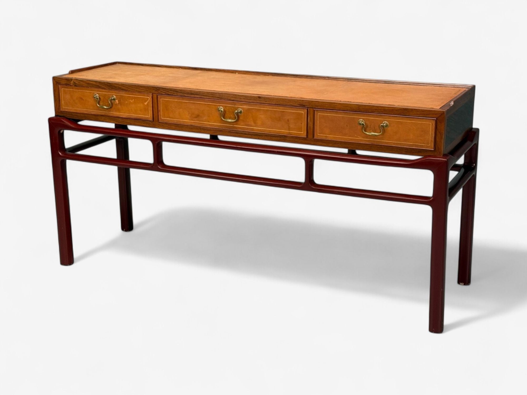 Frits Henningsen attr., Rosewood, Leather, Brass, Console Table, Denmark, 1950s