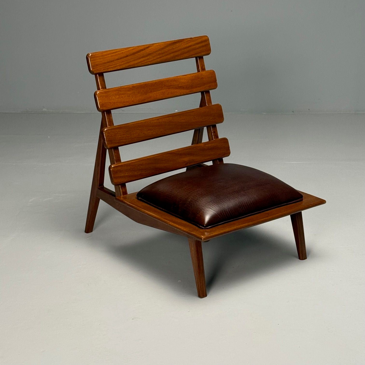 Brazilian Mid-Century Modern, Sculptural Lounge Chairs, Mahogany, Leather