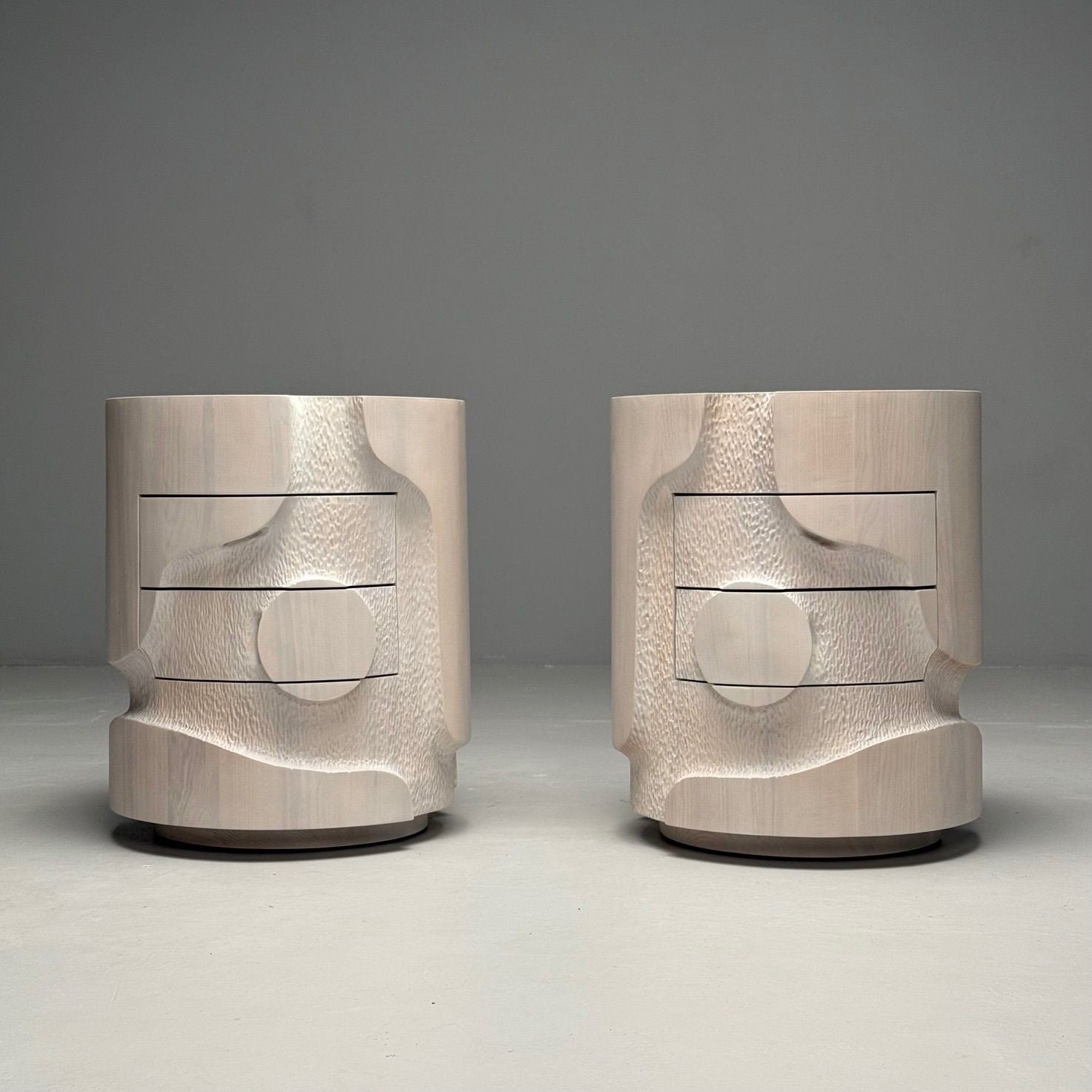 Contemporary, Organic Modern, Round Sculptural Nightstands, Bleached Ashwood