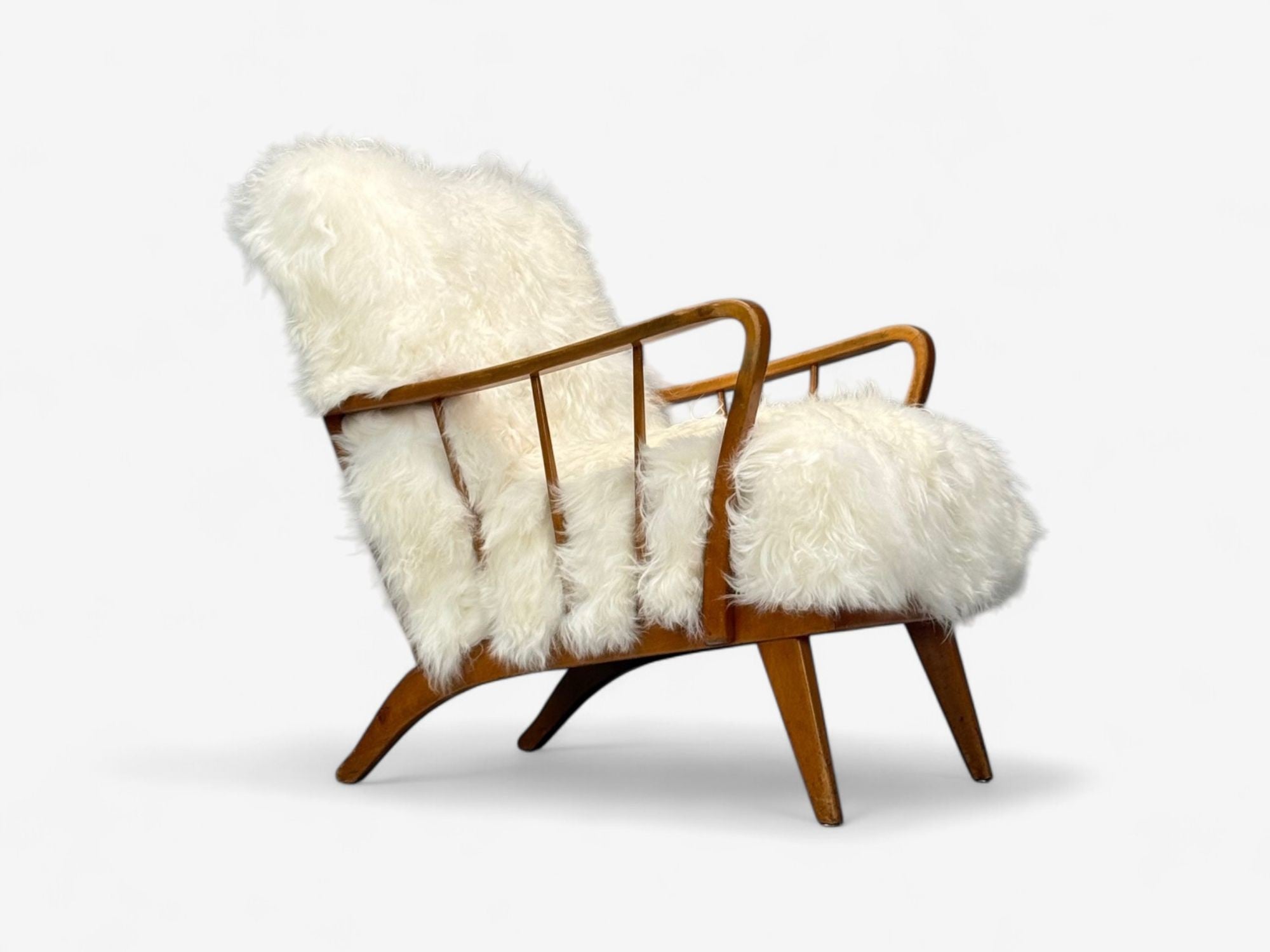 Danish Modern, Beech, Mongolian Fur, Lounge Chair, Denmark, 1950s