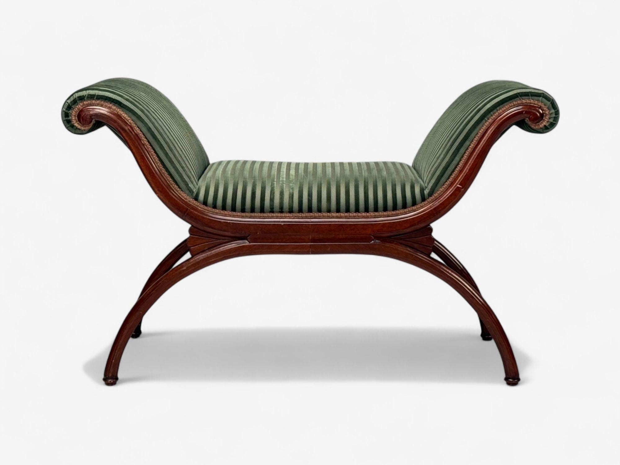 Hollywood Regency Style, Stained Wood, Green Fabric, Benches, USA, 1980s