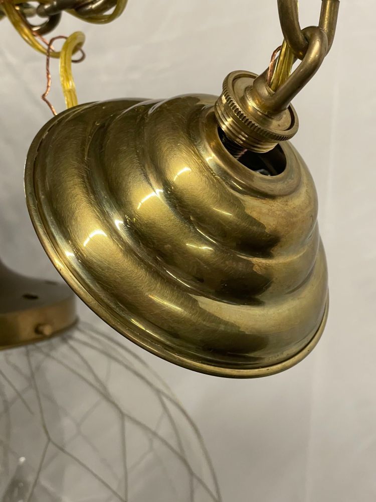 A Pair of Mid Century Modern Globe Pendants, Brass and Hand Blown Glass