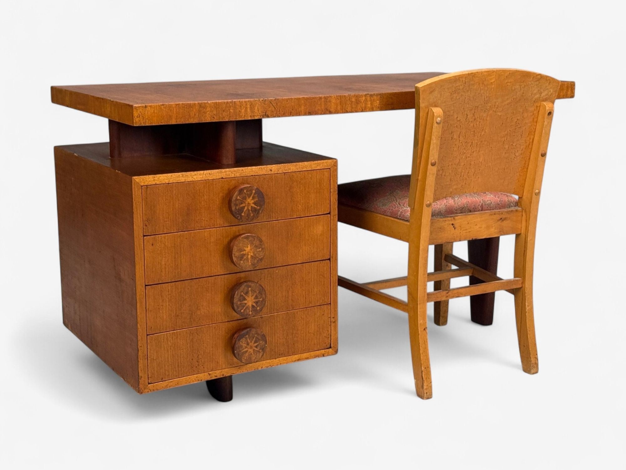 Andrew Szoeke, Satinwood, Oak, Writing Desk and Chair, USA, 1950s