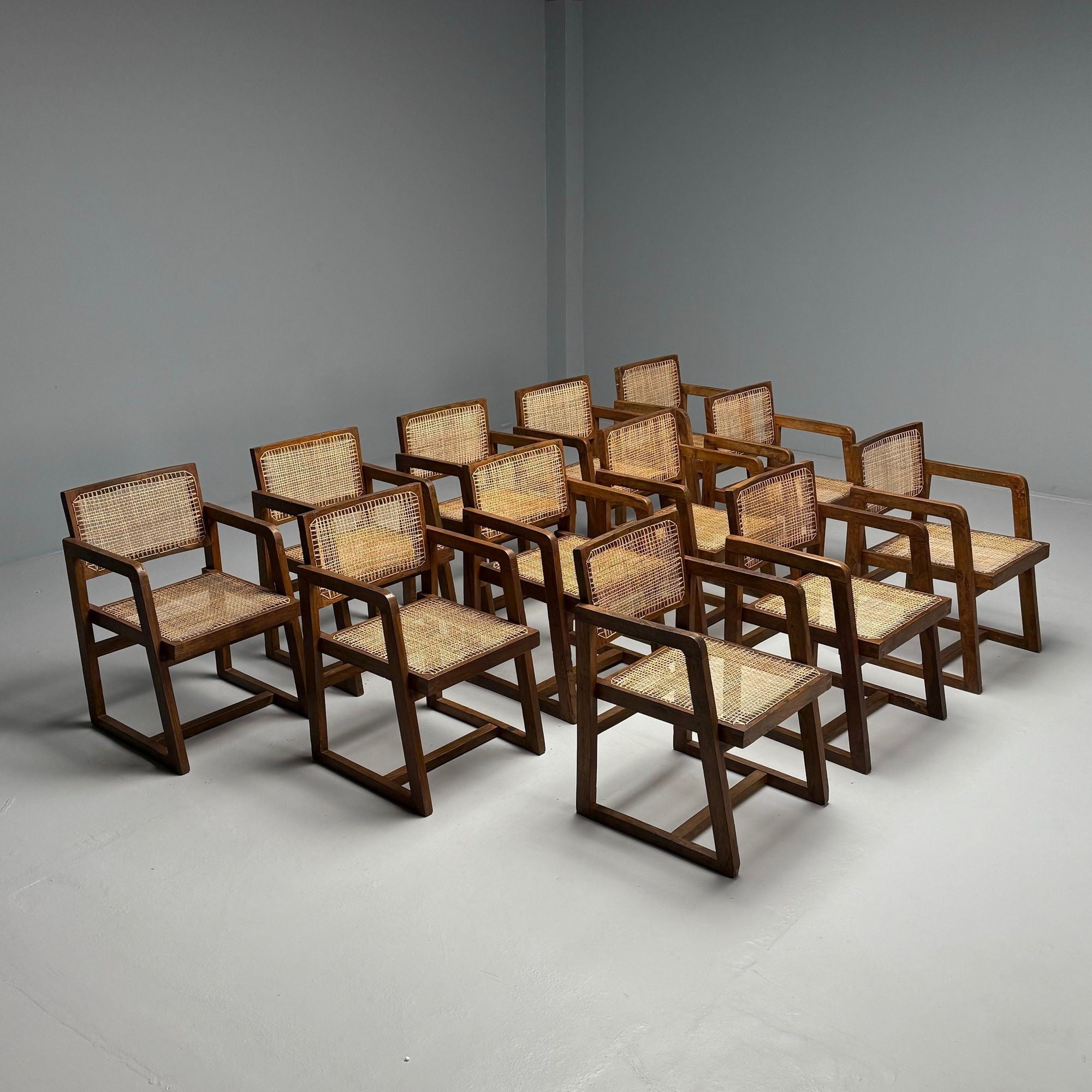 Pierre Jeanneret, French Mid-Century Modern, 12 Box Dining Chairs, Teak, Cane