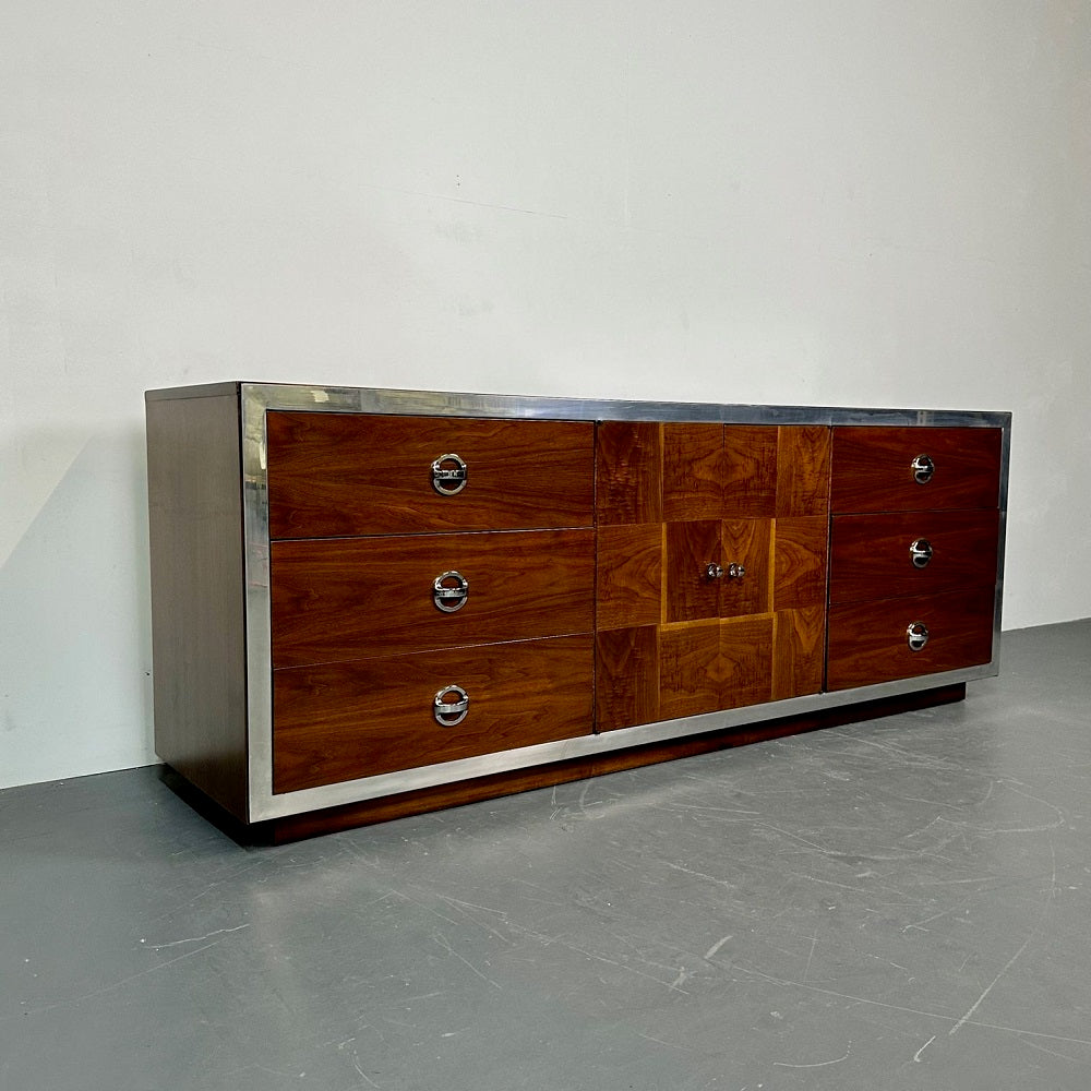 Mid-Century Modern Milo Baughman Sideboard / Dresser, Burlwood, Chrome