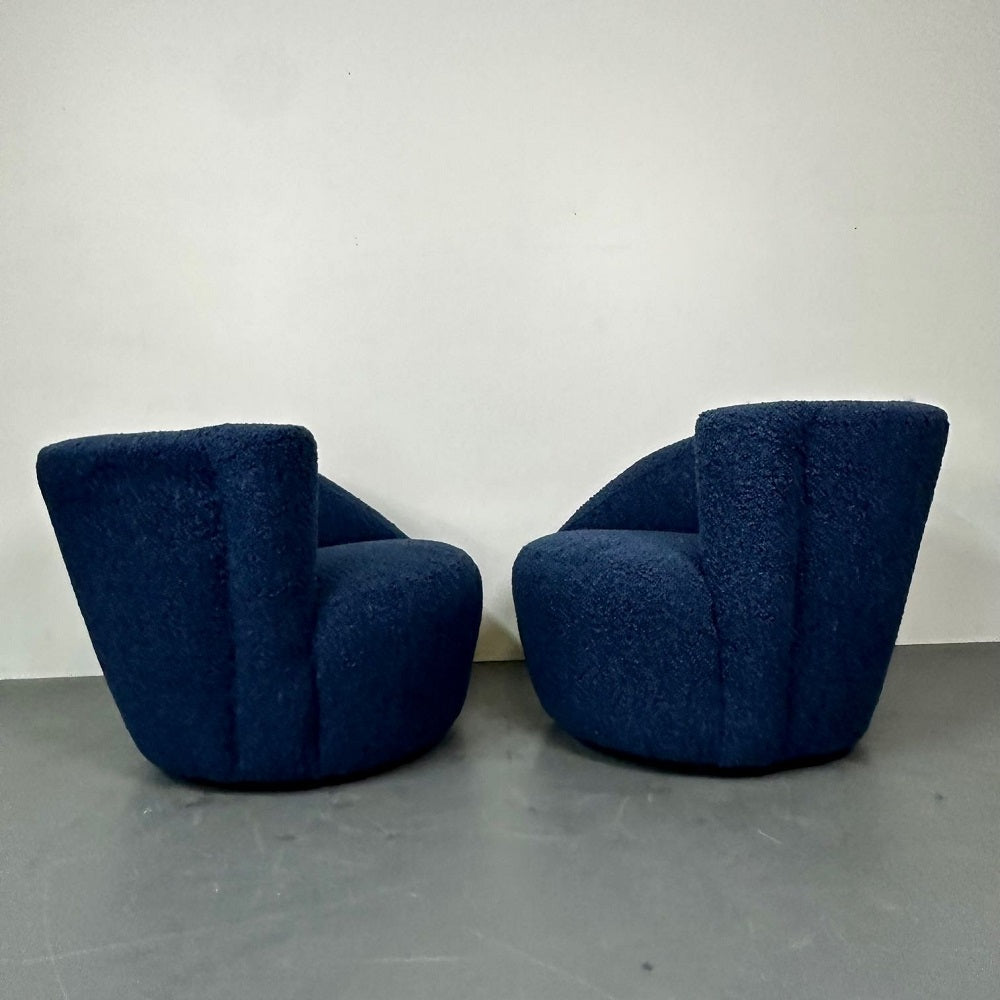 Pair of Mid-Century Modern Nautilus Style Swivel / Lounge Chairs, Blue Faux Fur
