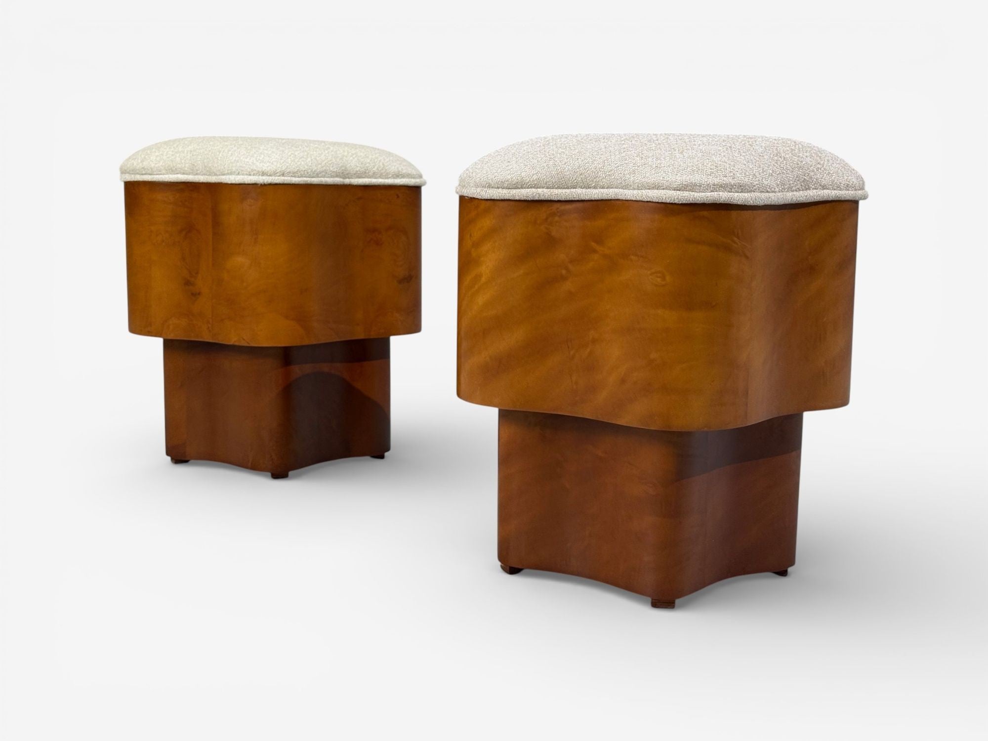 Art Deco Style, Star Motif Footstools, Burlwood, Beige Linen, 21st c.