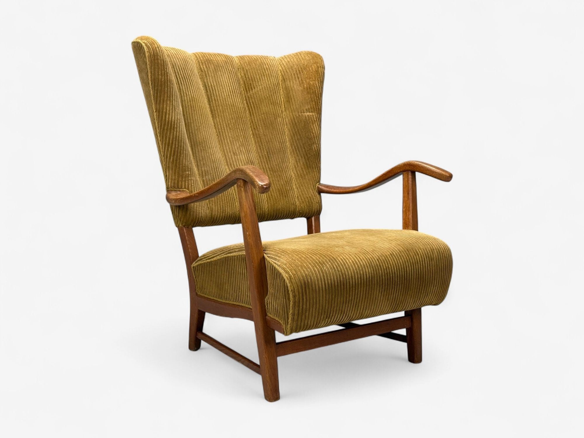 Frits Henningsen, Danish Modern, Corduroy, Wood, Lounge Chair, Denmark, 1940s