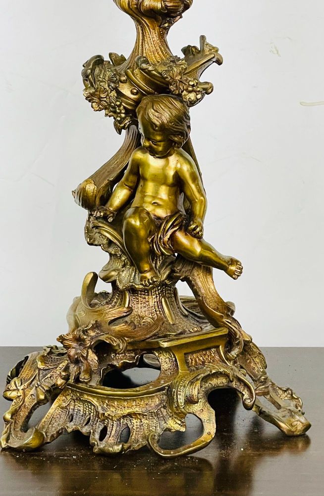 Pair of Louis XVI Style Gilt Bronze Candelabra, Cherub Florentine Form