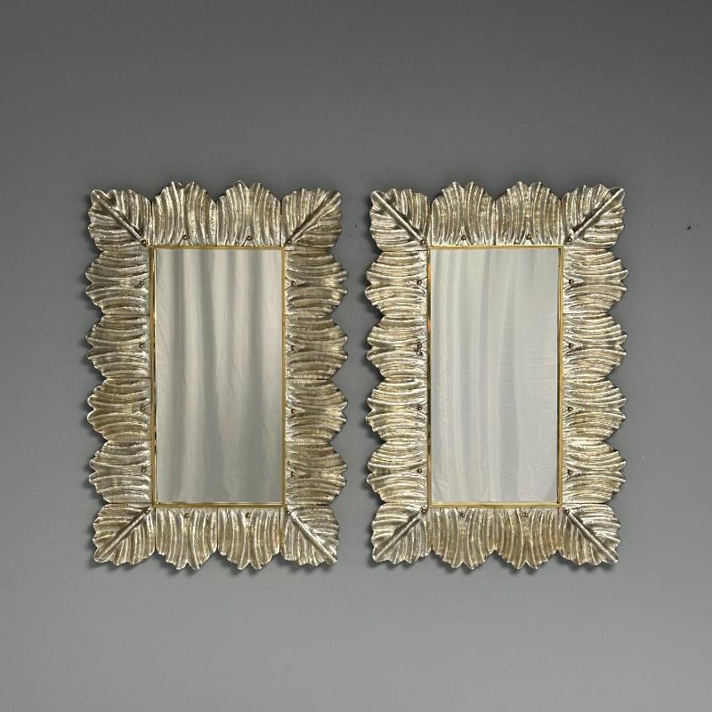 Contemporary, Leaf Motif, Murano Glass, Silver Gilt, Wall Mirrors, Italy, 21st C.