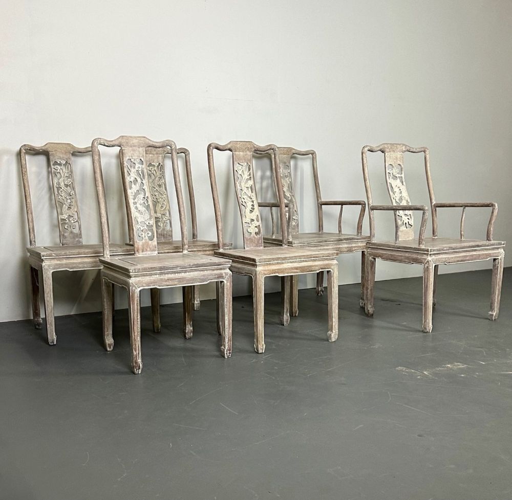 Set Six Chinese Chippendale Whitewashed Dining Chairs, Carved Dragons, Rosewood