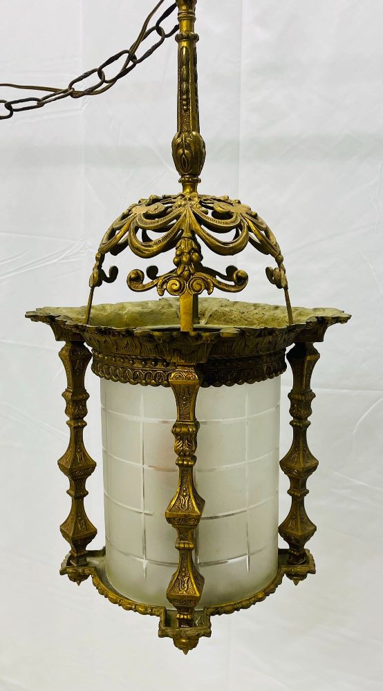 Empire Dore Lantern Chandelier, Frosted Etched Glass, 19th Century, Solid Bronze