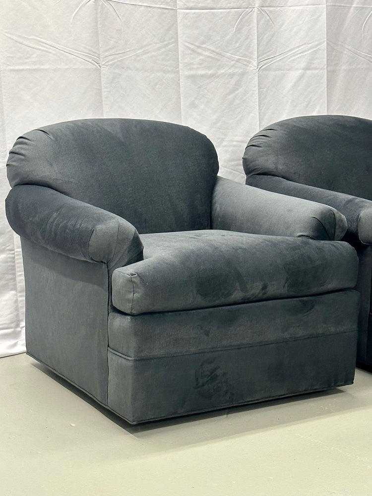 Pair of American Mid-Century Modern Grey Swivel / Lounge Chairs, Scroll Arm