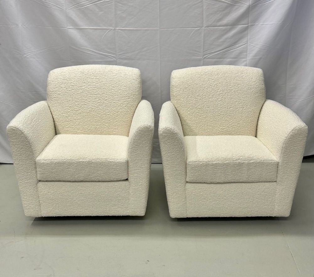 Pair of Mid-Century Modern Square White Boucle Rocking Lounge / Swivel Chairs
