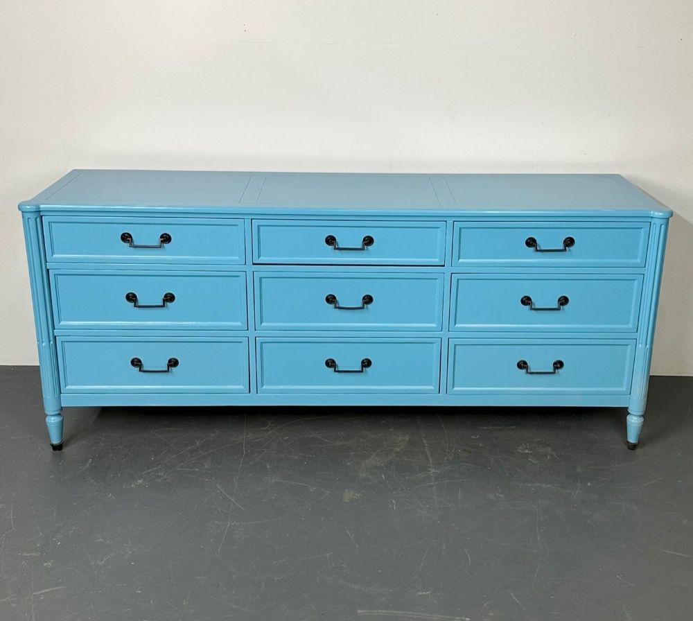 Hollywood Regency Style Dresser / Sideboard, Cerulean Blue Lacquer, Baker