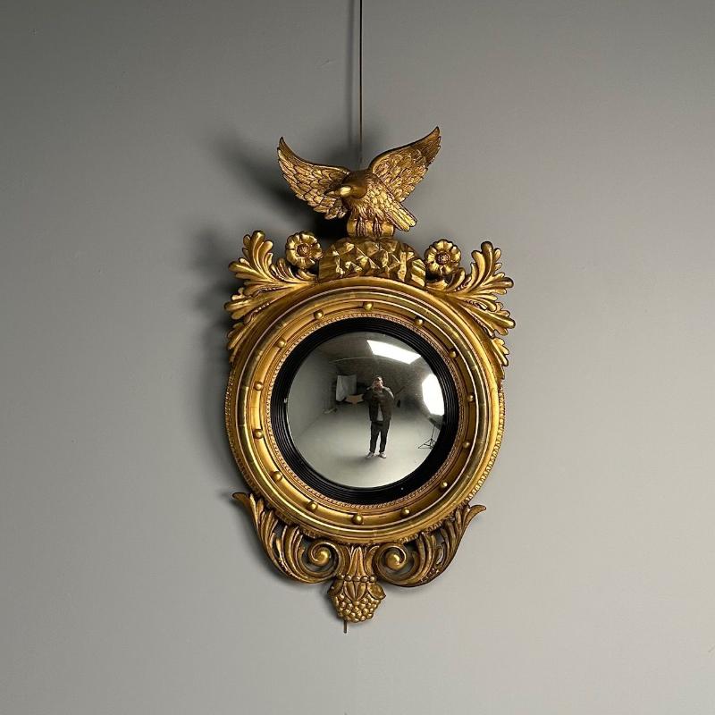 Regency, Circular Convex Wall Mirror, Giltwood, Eagle Motif, USA, 1950s
