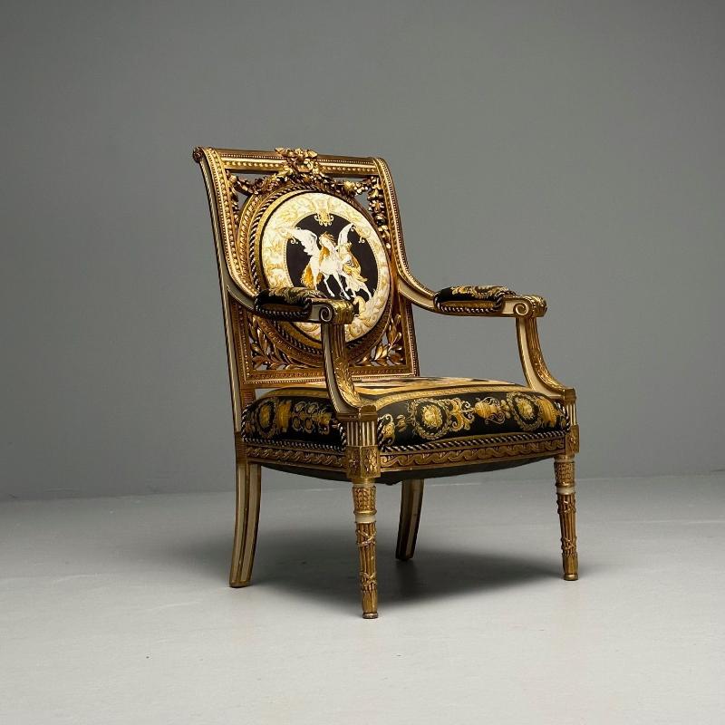 Louis XVI, French Arm Chair, Versace Fabric, Giltwood, France, 1960s