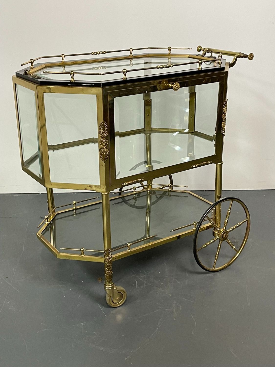 Hollywood Regency Beveled Glass, Bronze and Brass Tea Wagon or Serving Cart