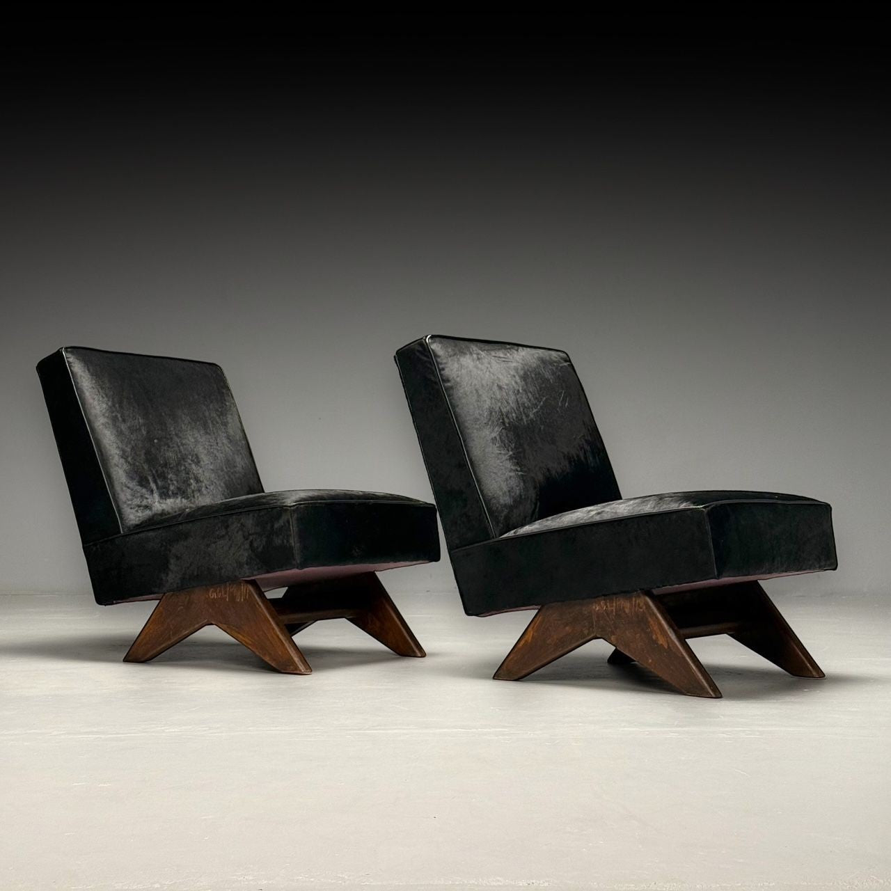 Pierre Jeanneret, French Mid-Century Modern, Slipper Chairs, Black Cowhide, Teak