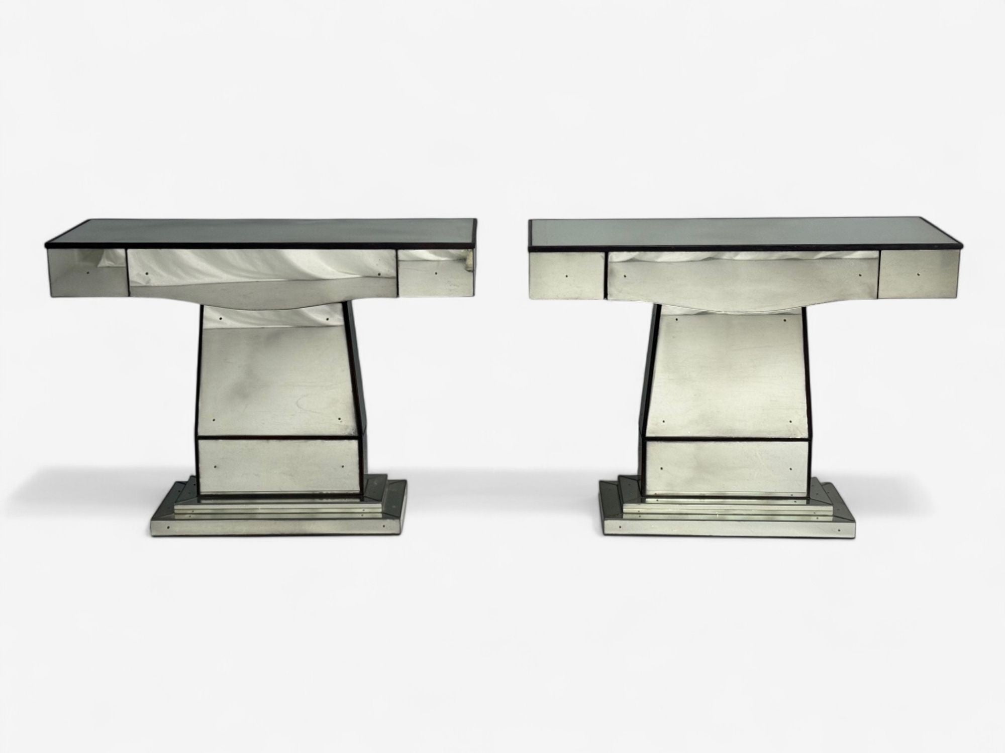 Art Deco Style, Mirrored Console Tables, Painted Wood, Distressed Glass