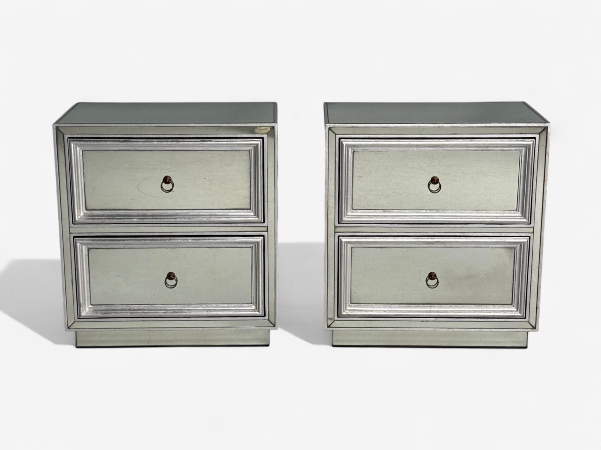 Hollywood Regency Style, Silver Leaf, Distressed Glass, Mirrored Nightstands