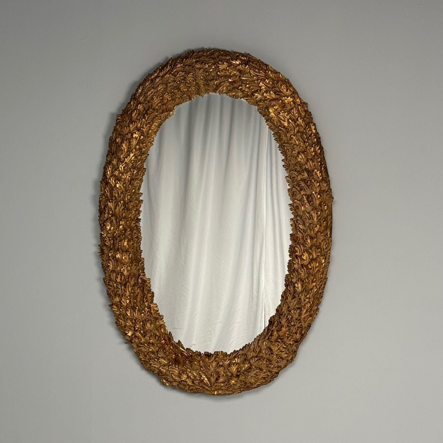 Hollywood Regency, Large Oval Wall Mirrors, Carved Giltwood, Leaf Motif, 21st C.