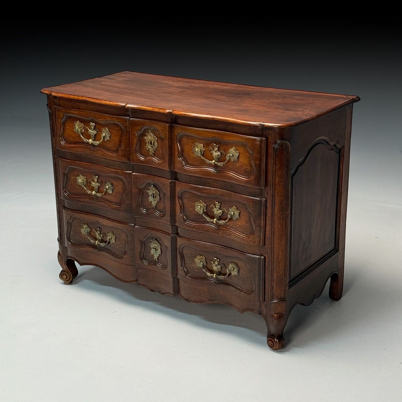 Baroque, French Louis XV, Provincial Cabinet, Walnut, Patinated Brass, 18th C.