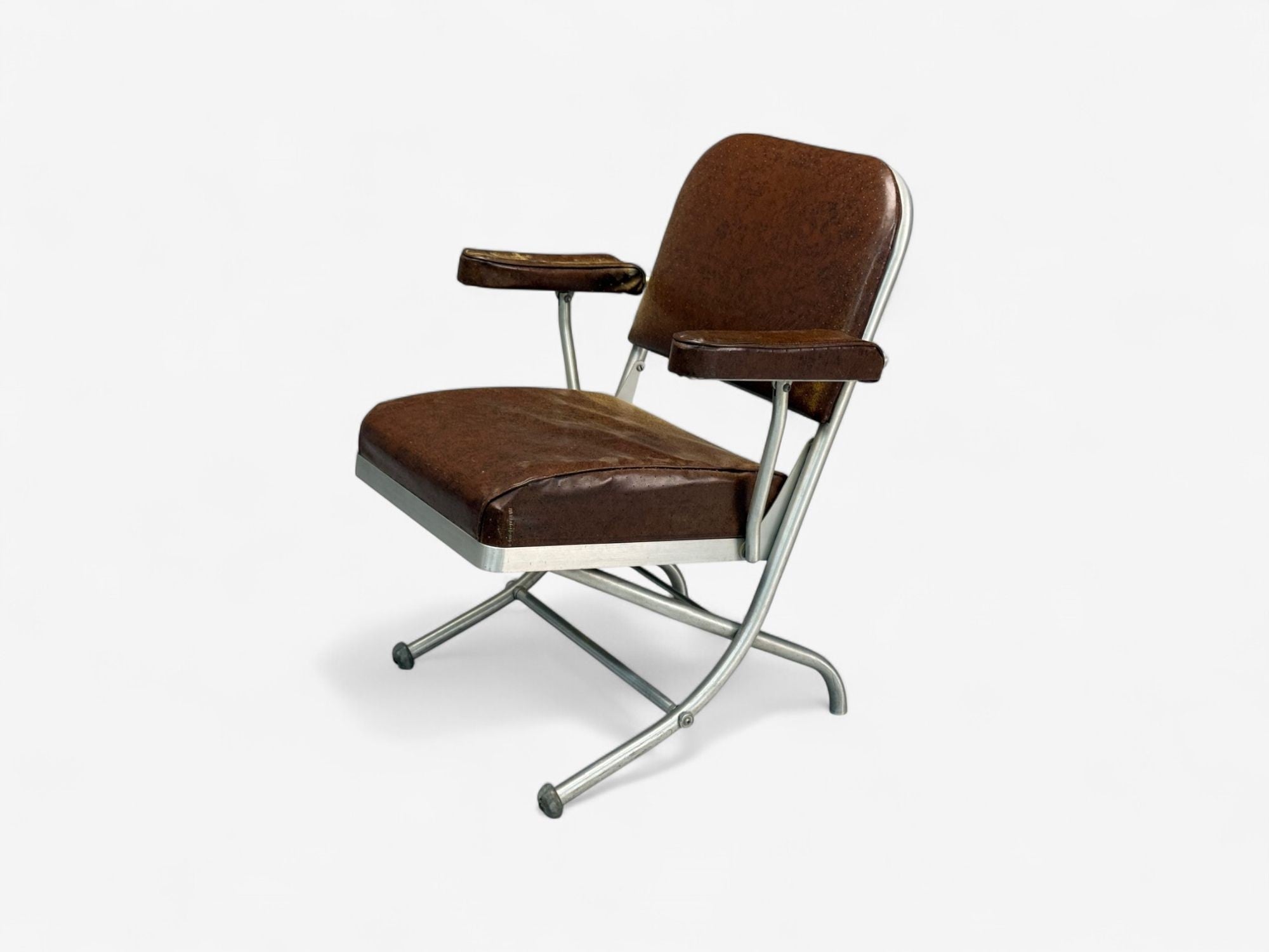 Warren McArthur, Brown Leather, Aluminum, Folding Chairs, USA c. 1935