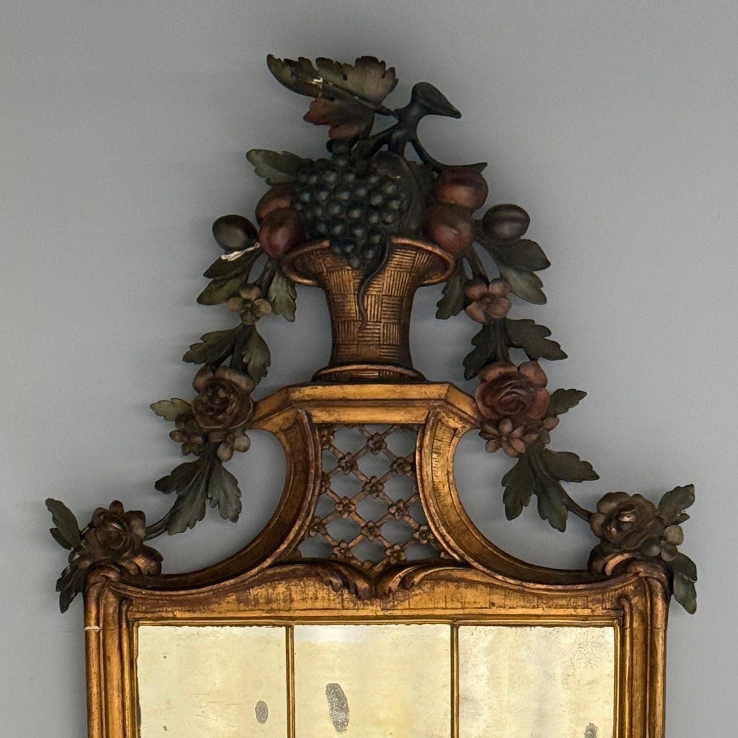 Louis XVI, Wall Mirrors, Giltwood, Antiqued Mirror, Fruitewood Motif 20th C.