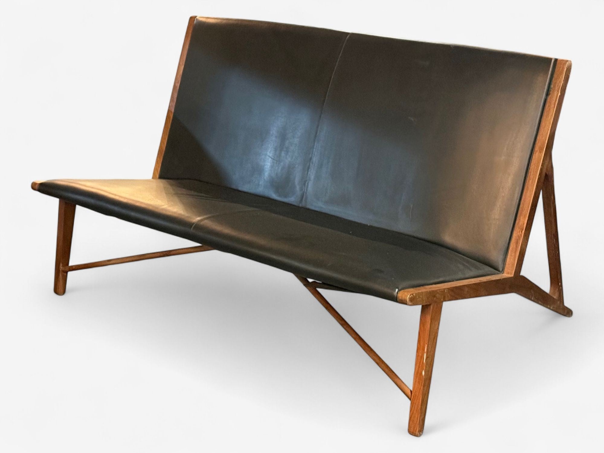 Hans J. Wegner Style, Teak, Leatherette, Settee, Denmark, 1950s