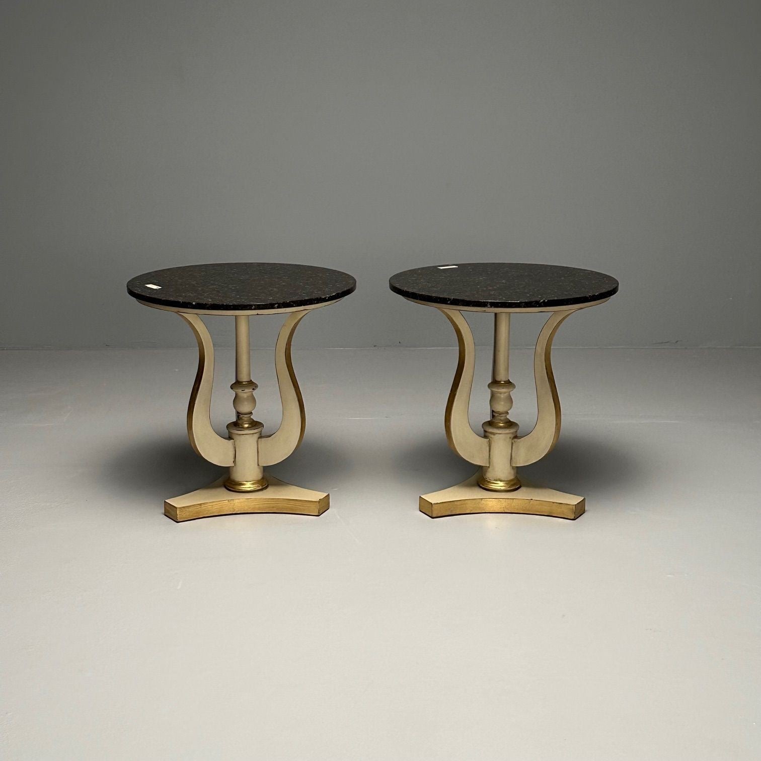 Regency, Side Tables, Pedestals, Ivory Paint, Giltwood, Marble Tops, USA, 1960s