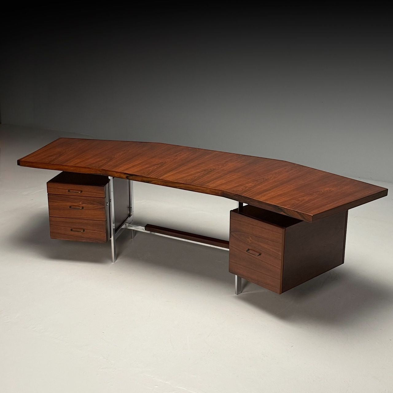 Italian Mid-Century Modern, Demilune Writing Desk, Rosewood, Steel, Italy, 1950s