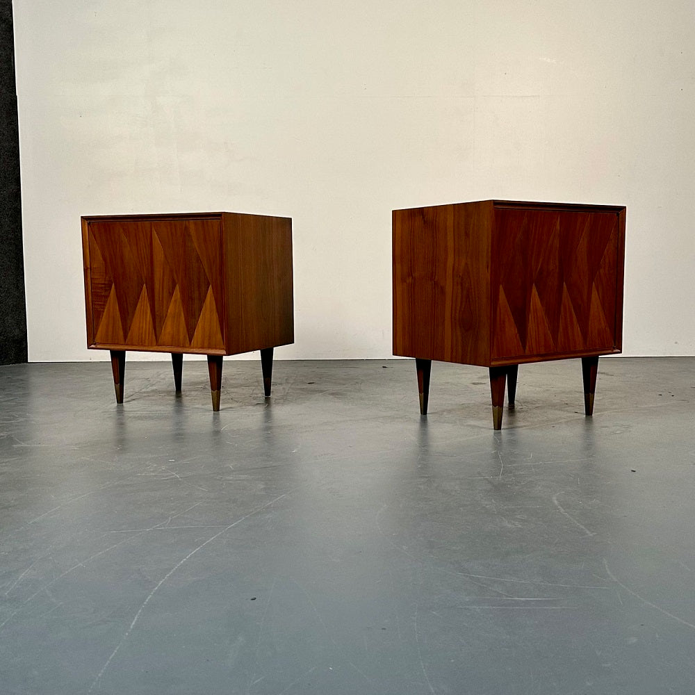 Pair of Danish Mid-Century Modern Style Geometric Nightstands, Walnut, Brass