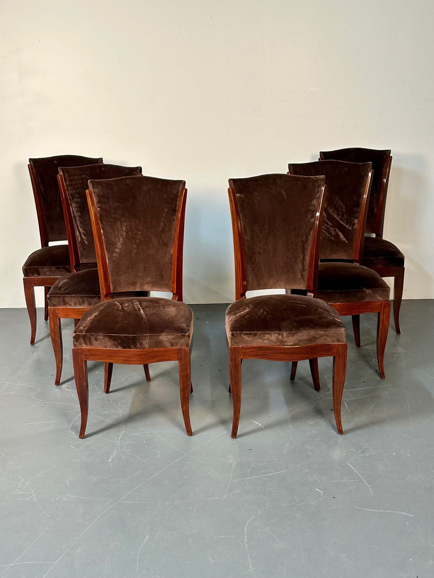 Six French Art Deco Walnut Dining / Side Chairs, Brown Velvet, Ruhlman Style
