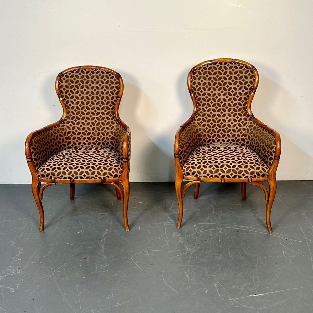 Pair of Fruitwood French Bamboo Carved Arm / Club / Accent Chairs, Kravet Fabric
