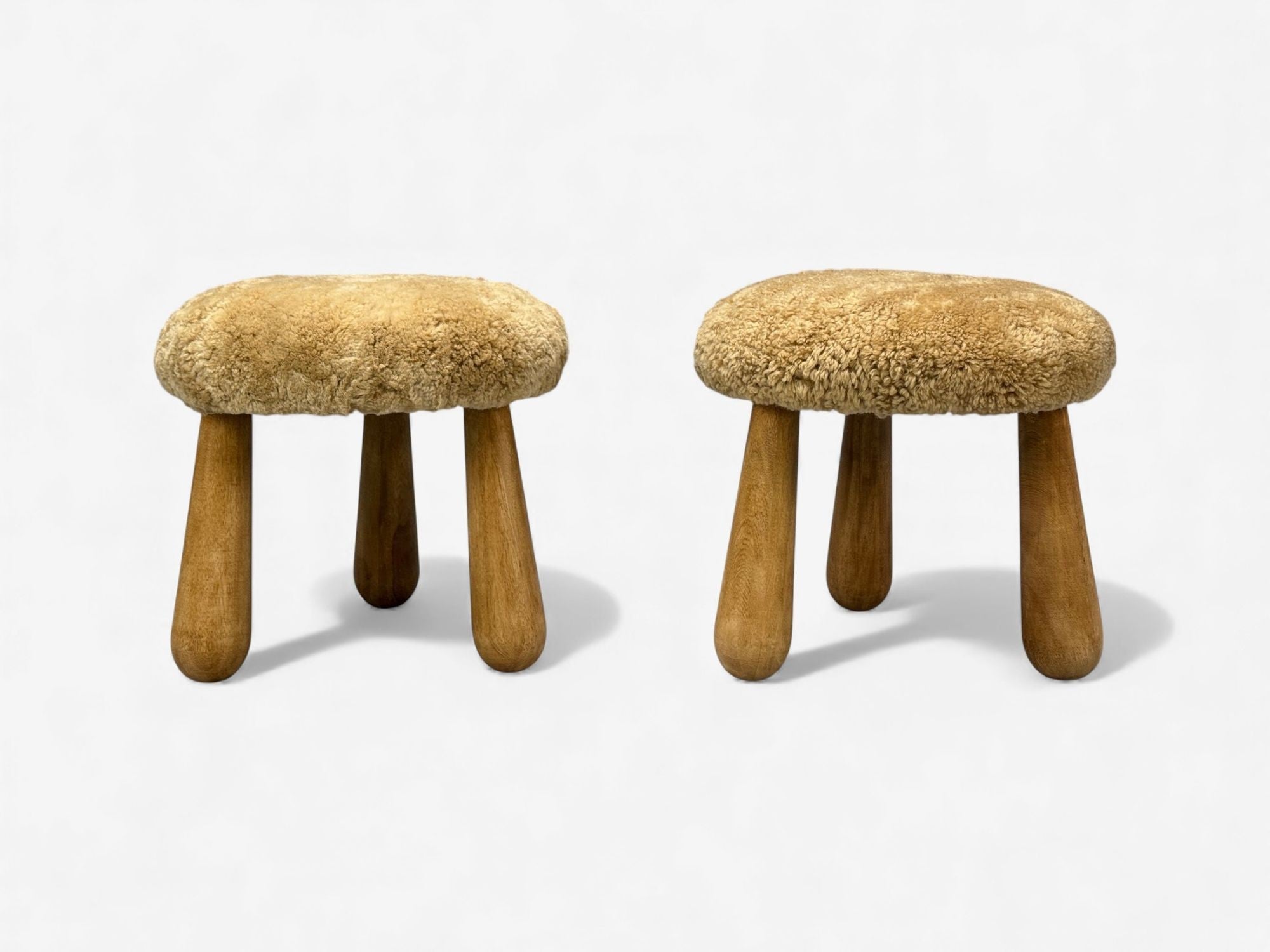 Danish Modern Style, Honey Sheepskin, Maple, Shearling Footstools, USA, 21st c.