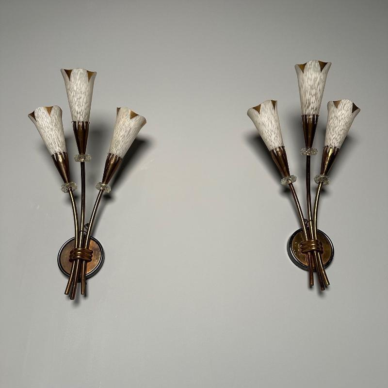 French Mid-Century Modern, Three Arm Sconces, Brass, Crystal, France, 1950s